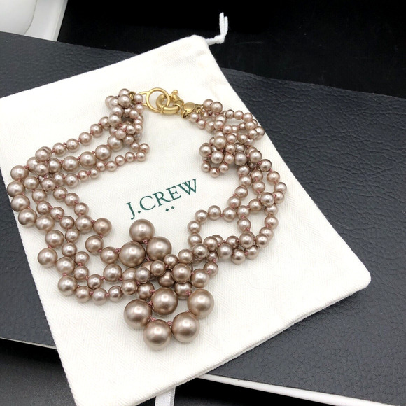 J. Crew Necklace Faux Pearl Taupe Bubble Beaded Hand Knotted Multi 3 Strand - Picture 2 of 7